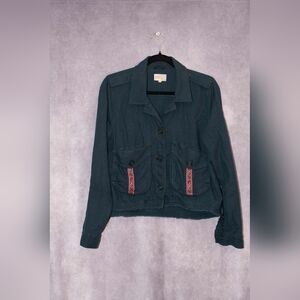 Jolt Crop Linen Jacket Size Large Teal BOHO Detailed Finishes